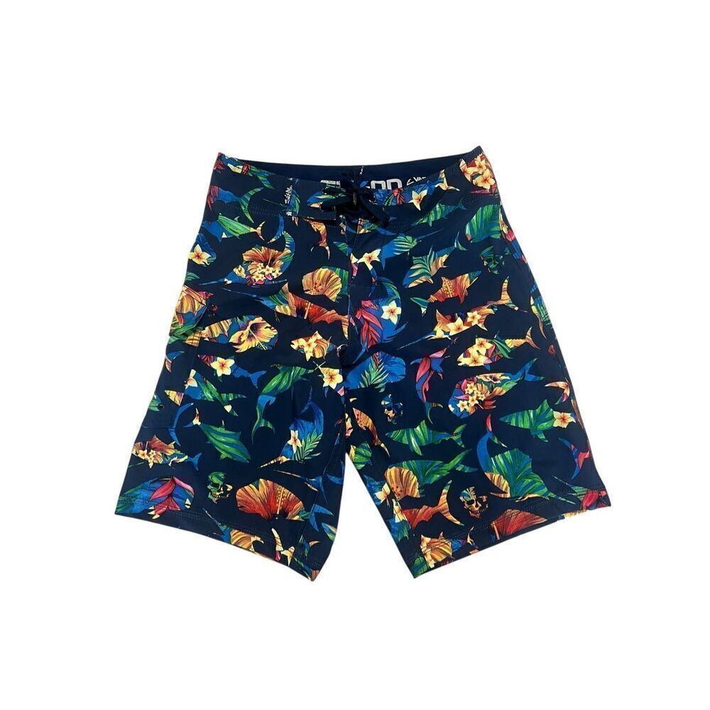 Salt Life Shorts Mens 28 Navy Blue Tropical Fish skull Swim Trunks Board Stretch
